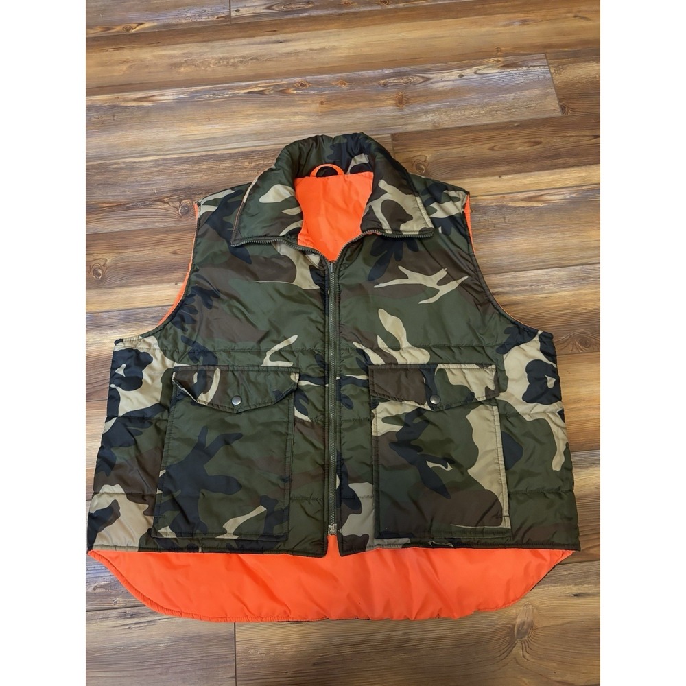 Duck Bay Reversible Camo Hunting Vest Mens Size Large‎ Orange Puffer Zip